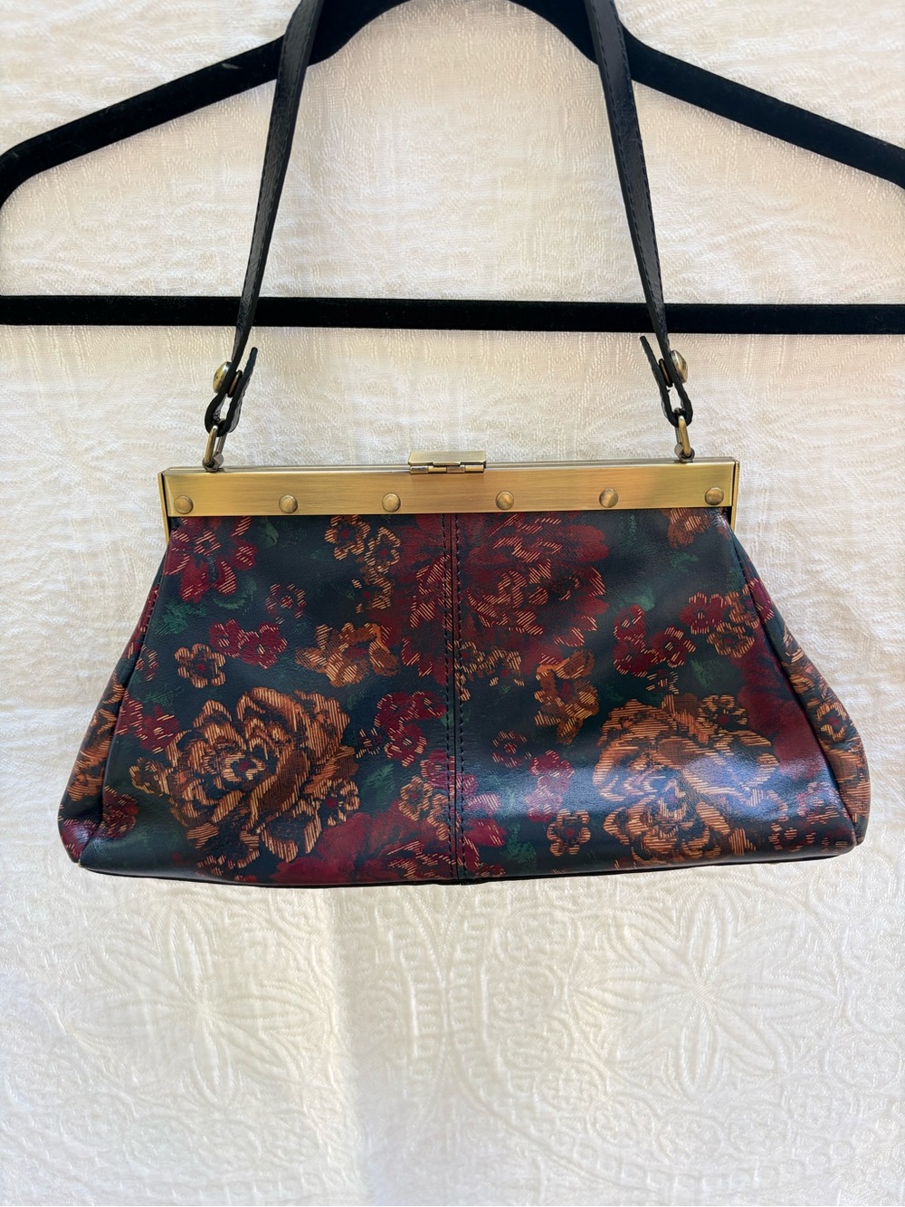 Patricia Nash- Italian leather, floral Shoulder Bag in Burgundy and Green